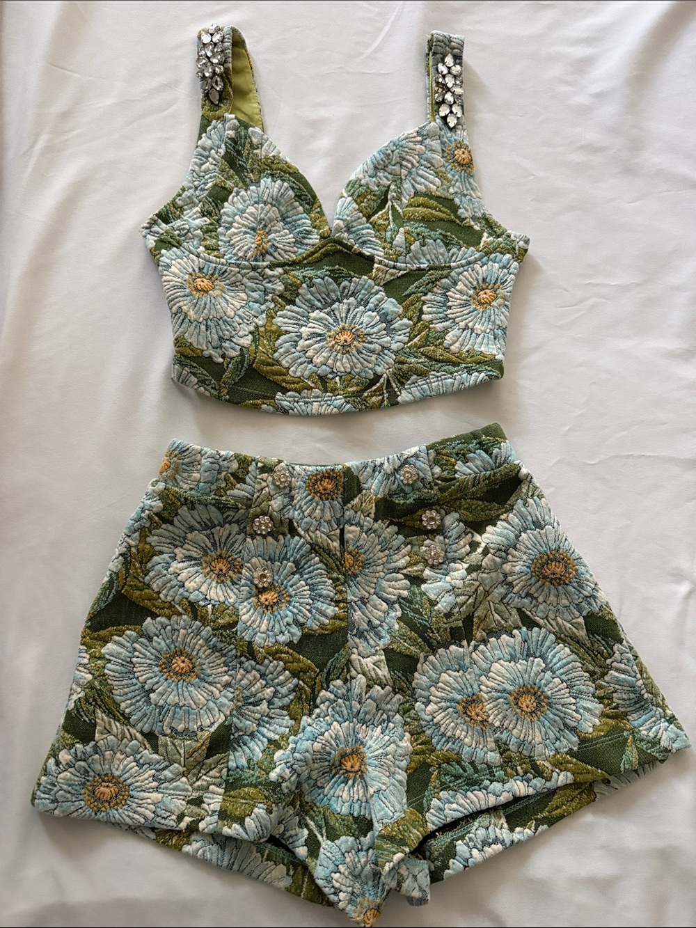 Floral Embroidered Green & Light Blue Zara Shorts Set